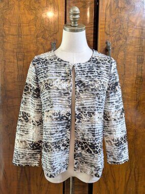 Chicos Travelers Cheetah Print Open Cardigan Jacket S 0 Animal Ruffle Textured